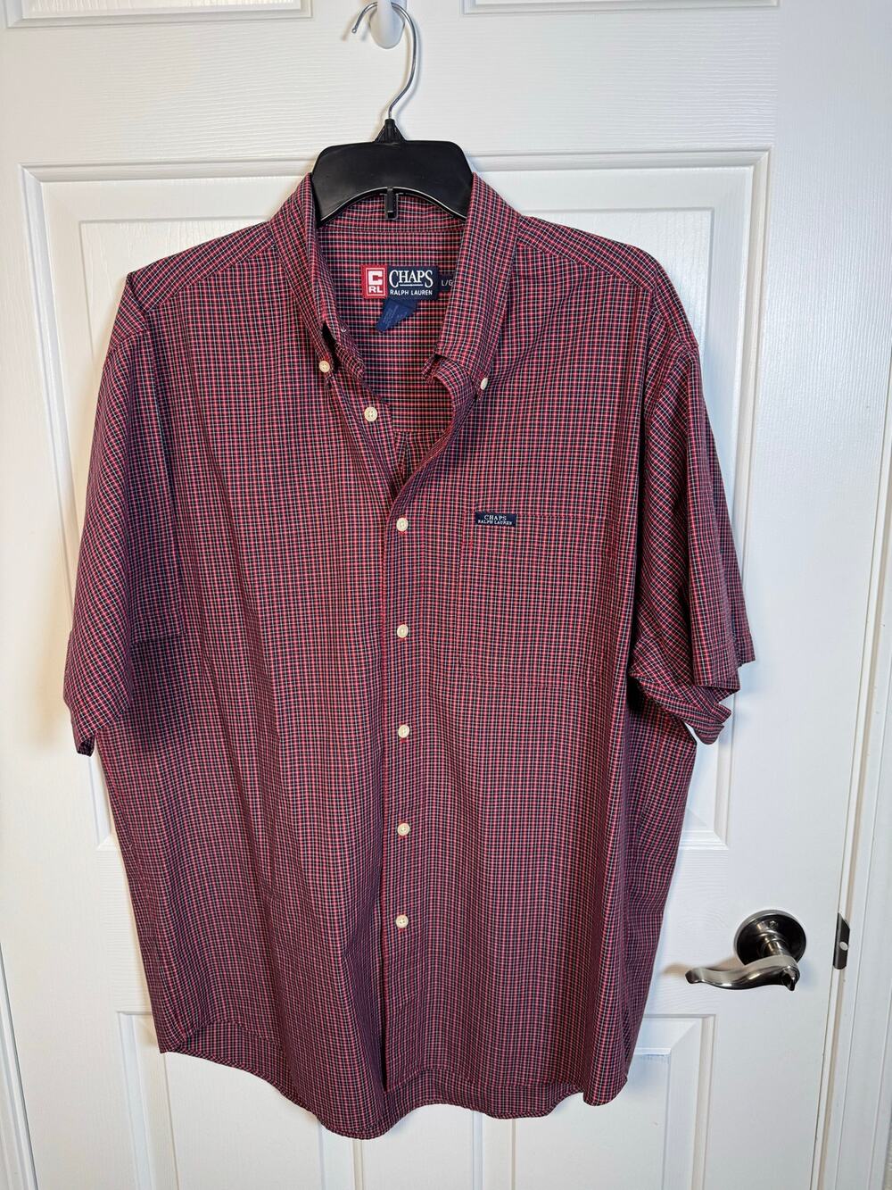 Chaps Ralph Lauren Vintage Men's Short Sleeve Button Down Red Blue Plaid L